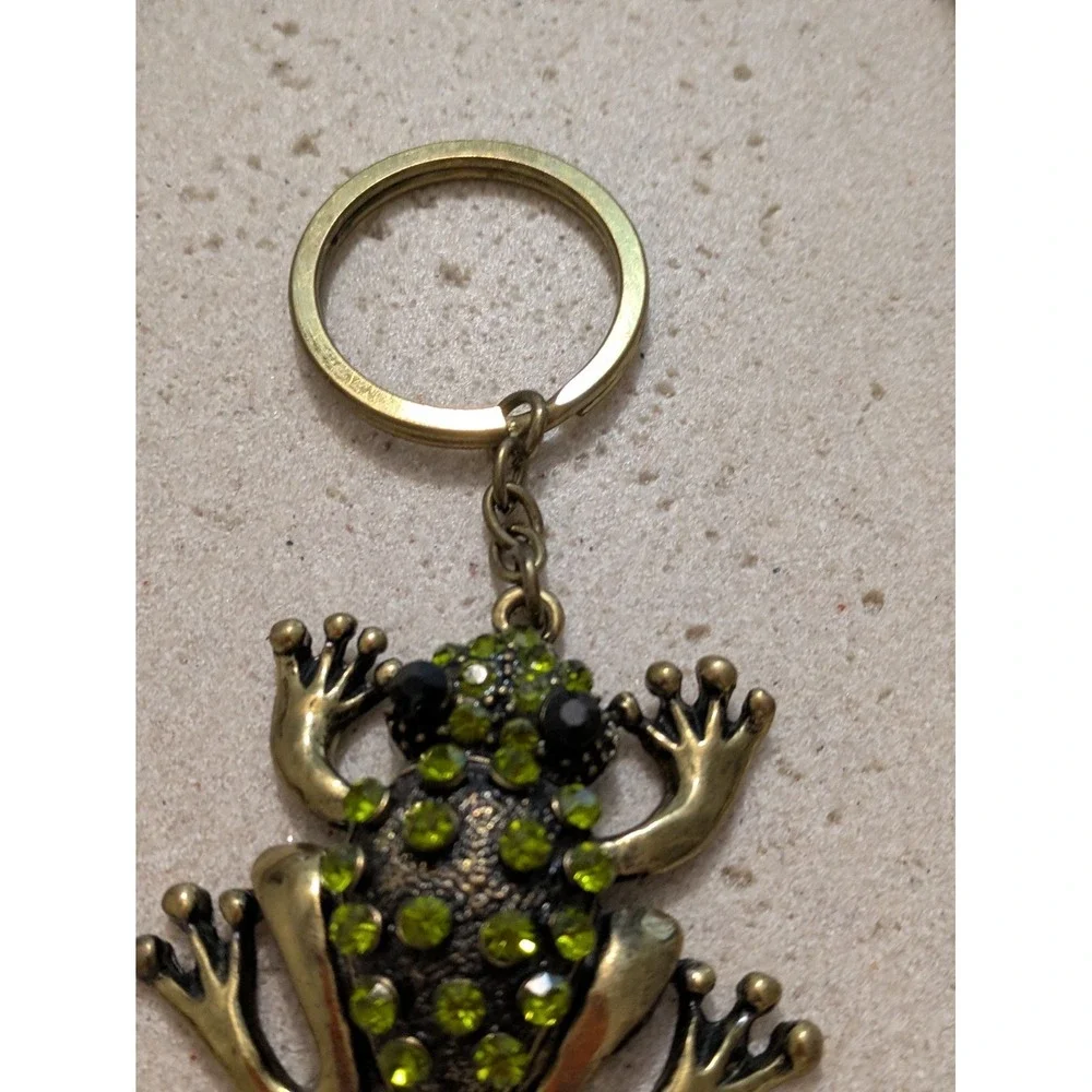 Frog Rhinestone Handbag Charm Keychain Chunky Statement Green & Gold Tone